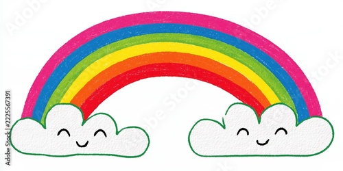 Bright cute rainbow with smiling clouds on a white background in a simple hand-drawn style