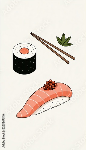 Cute minimalist modern poster featuring sushi and Japanese food illustrations