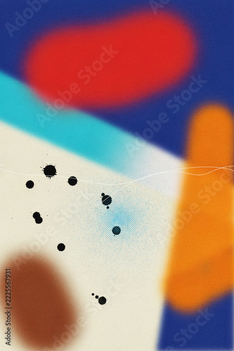 Retro 90s abstract composition with airbrushed shapes, vibrant color blocks, and scattered ink splatters on a textured off-white background