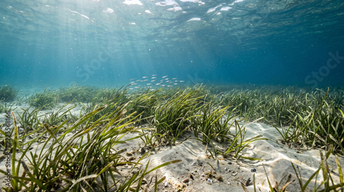 Sunlit Seagrass Meadow with Marine Life
