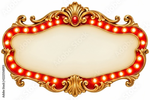 Ornate red marquee frame with glowing bulbs golden scrollwork and blank center
