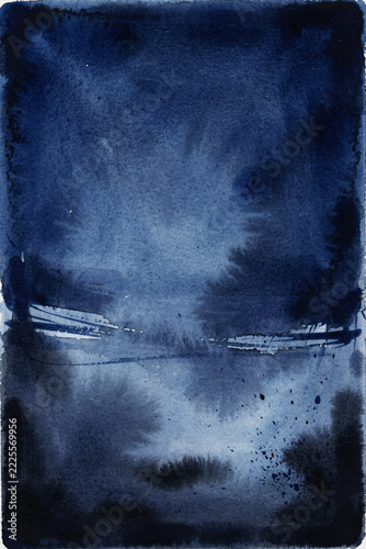 Vertical abstract watercolor painting in shades of deep navy blue, featuring soft washes, blurred edges, and subtle ink splatter textures