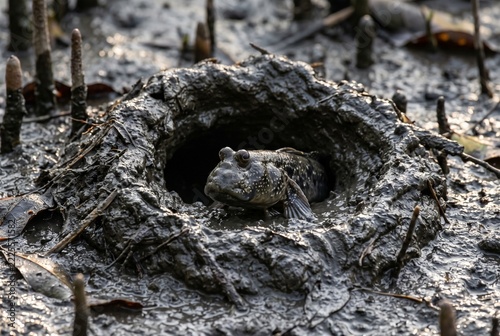 Giant Mudskipper guarding the entrance of its burrow in a mangrove mudflat