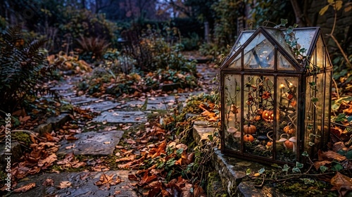 Glass greenhouse filled with pumpkins and candles beside a leaf covered garden path. Halloween seasonal decoration. Autumn gardening and harvest concept. Enchanted garden setting.