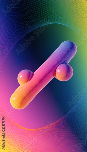 Abstract tube shape with two spheres and gradient colors on a wavy grid.