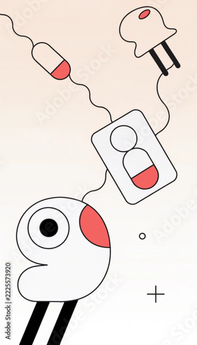 Quirky abstract character illustration with medical pill and plug for concept.
