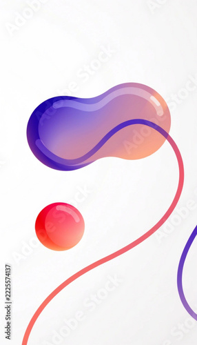 Fluid purple orange abstract shape with red sphere and red line on white background.