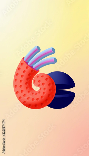 Coral textured abstract tube with blue tubes and blue sphere on beige background.