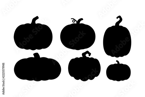 Pumpkin silhouette icon set for Halloween, flat black vegetable shapes isolated on white background for seasonal graphic design projects