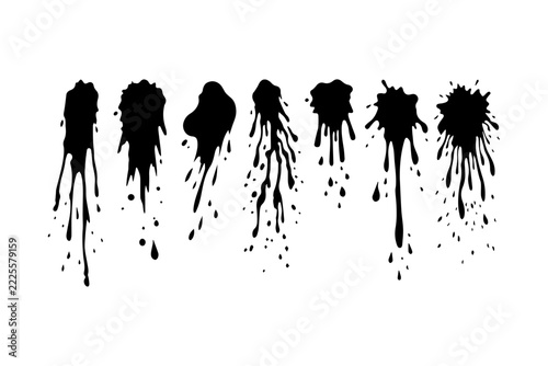 Black Ink Splatter Set Isolated on White Background, Grunge Paint Drips and Liquid Splashes Collection