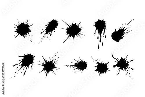 Black Ink Splatter Vector Set Featuring Various Grunge Paint Stains and Messy Liquid Droplets Isolated on White Background