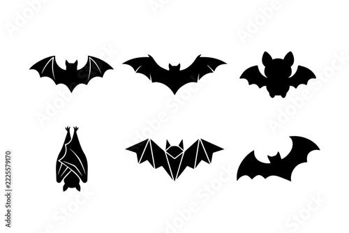 Bat silhouette icon set featuring various flying and hanging poses for Halloween graphic design projects
