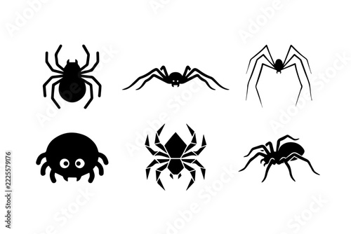 Spider silhouette icon set featuring various arachnid shapes for Halloween, horror themes, and spooky graphic design projects