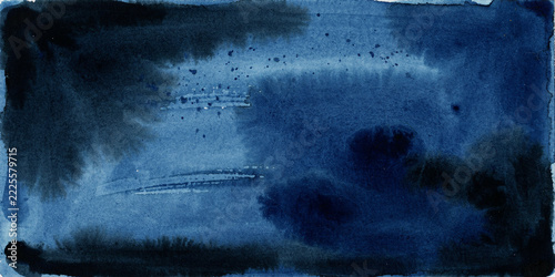 Deep navy blue watercolor wash background, with soft blended, edges and dark, pigment splatters, hand-painted texture