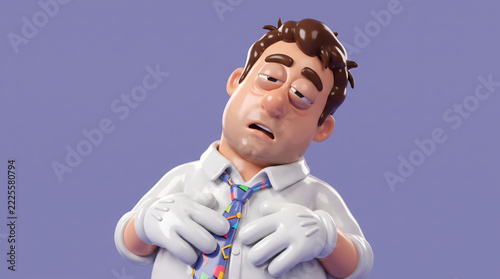 Exhausted businessman tired 3d cartoon man portrait.