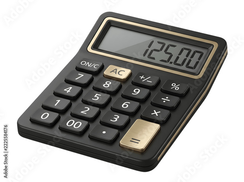 Black desktop calculator with gold buttons isolated on transparent