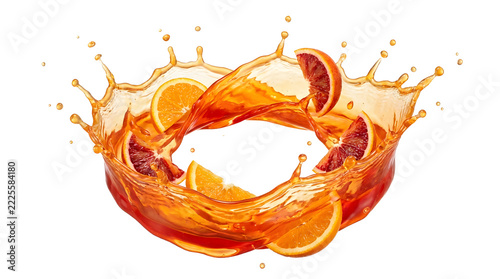 Dynamic orange juice splash with fresh fruit slices, isolated orange beverage circulation, vibrant citrus drink advertising concept