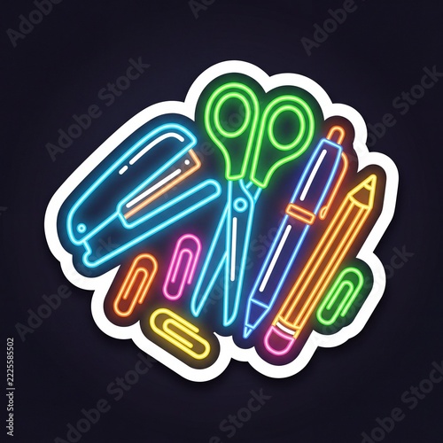 Neon Glowing Office Supplies Vector Line Art in Cartoon Style