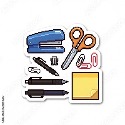 Pixel Art Style Line Icons of Office Stationery and School Supplies