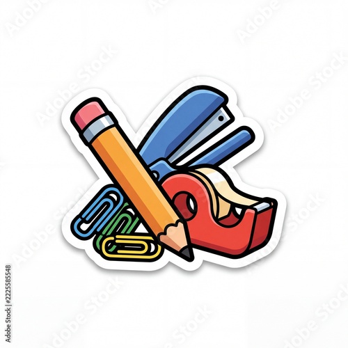 Sharp Cartoon Line Office Supply Icons on Soft Focus Background
