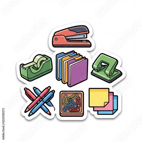 Symmetrical Cartoon Office Supply Outline Illustrations Layout