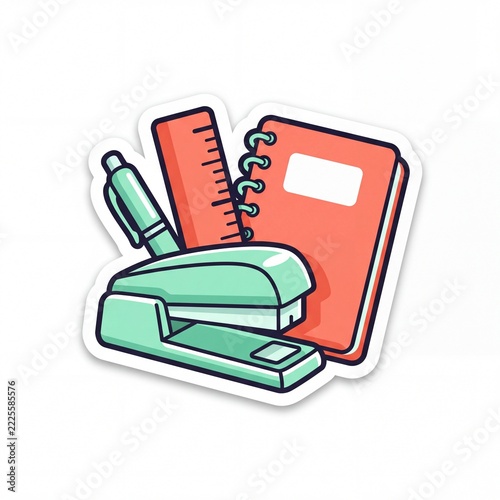 Vibrant Coral and Mint Cartoon Office Supply Line Icons Set