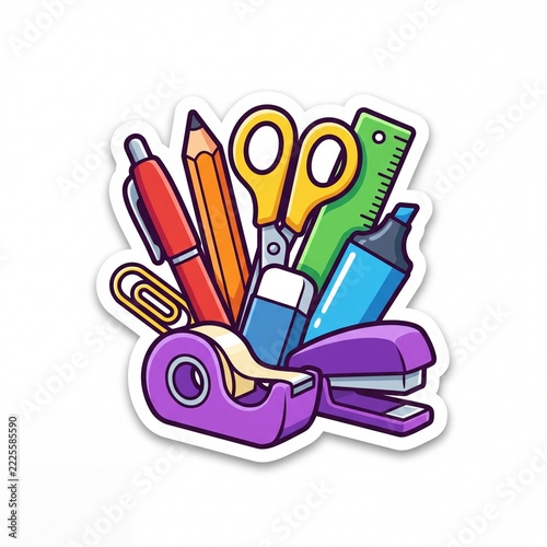 Vibrant Rainbow Cartoon Line Icons of Office Stationery and Supplies