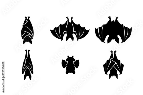 Bat silhouette icon set, collection of flying and hanging bats in flat black vector style