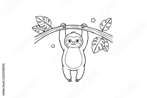 Cute Sloth Hanging from Tree Branch Line Art Illustration Isolated on White Background for Kids Projects