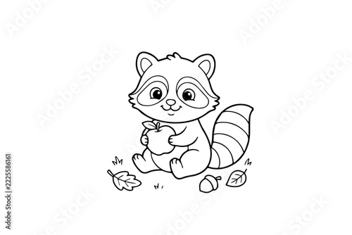 Cute Raccoon Holding Apple Illustration, Adorable Woodland Animal Character with Autumn Leaves and Acorn, Line Art Vector Graphic