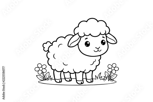 Cute little sheep standing in a grassy meadow with flowers outline vector illustration for coloring page