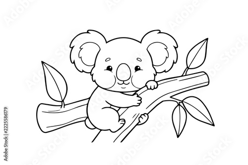Cute Koala Sitting on Tree Branch, Simple Black and White Line Art Illustration for Coloring Page