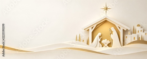 Minimal white and gold paper nativity Christmas panorama with copy space