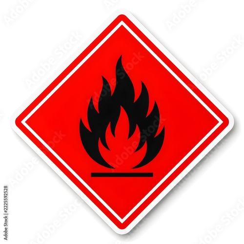 Standard red square diamond flammable hazard warning sign with black fire flame symbol and shadow isolated on white background