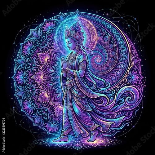 Glowing Neon Buddhist Deity with Intricate Psychedelic Mandala Art