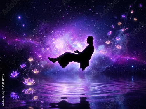 Silhouette of Meditating Person Floating in Cosmic Purple Nebula