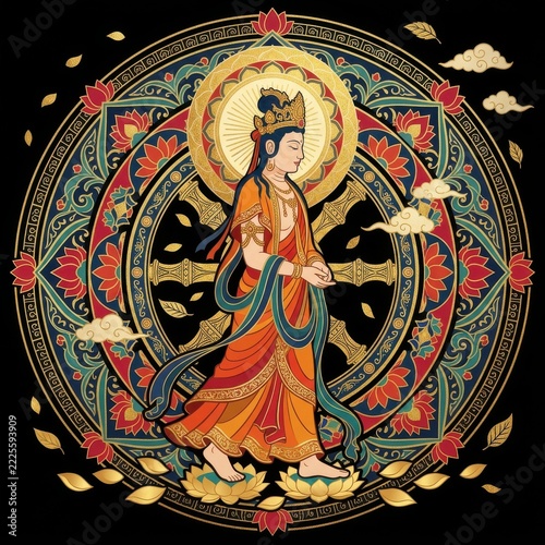 Golden Buddhist Deity Figure Within Ornate Circular Mandala Pattern