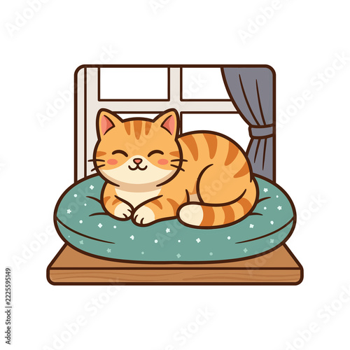 Cute Cartoon Ginger Tabby Cat Sleeping on a Window Cushion