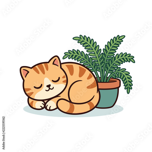 Cute Cartoon Ginger Cat Sleeping Beside A Potted Fern Plant