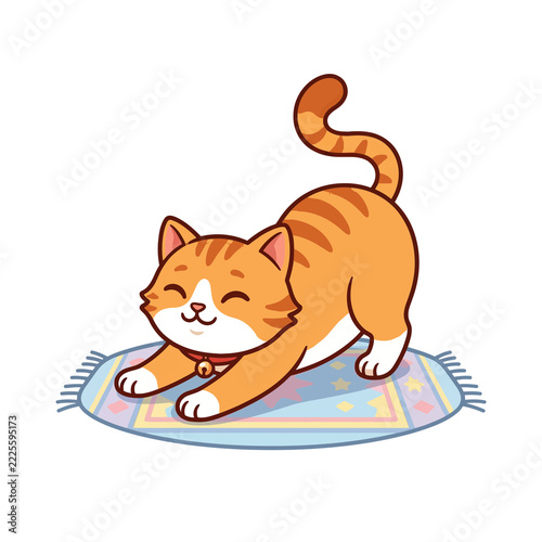 Cute Ginger Tabby Cat Stretching on a Rug Cartoon Illustration