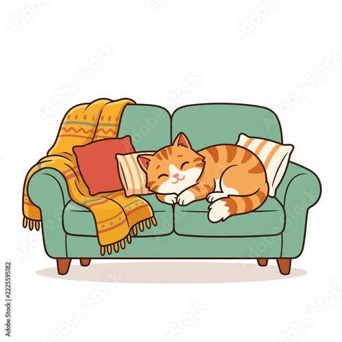 Cute Ginger Tabby Cat Sleeping Cozy on a Sofa Illustration