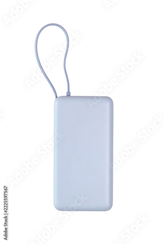 Portable power bank with integrated charging cable isolated on a transparent background, compact external battery for mobile devices