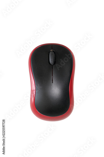 Red and black wireless computer mouse with scroll wheel isolated on transparent background, compact peripheral device for desktop and laptop use