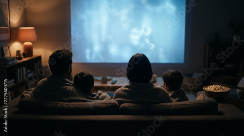 Family movie night seen from behind the sofa with projector light and popcorn, warm desaturated look