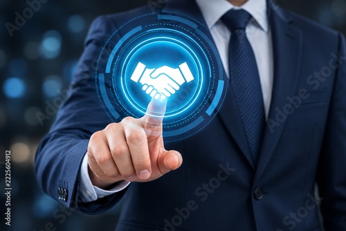 Businessman touching a glowing handshake symbol within blue circular controls