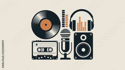 Flat vector illustration of vintage music equipment including vinyl record audio cassette microphone headphones and sound speaker