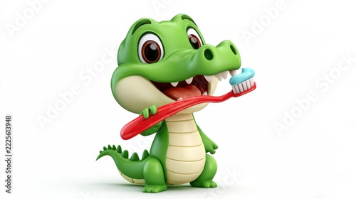 Green 3D cartoon crocodile brushing teeth with red toothbrush, smiling with glossy eyes and white teeth, isolated on white background as a playful dental illustration