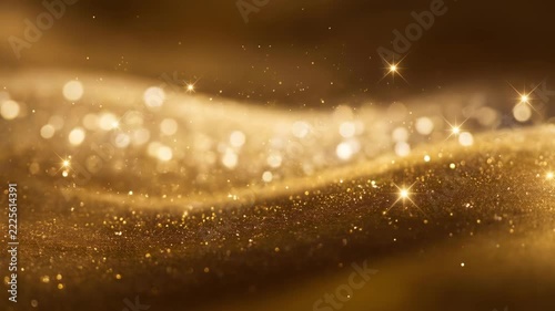 Golden glitter particles sparkle against dark background with warm light, glowing bokeh, shimmering waves, and radiant stars for elegant festive