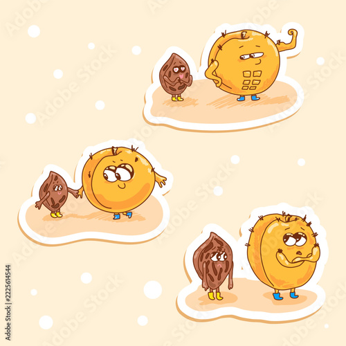 Cute kawaii peach and peach pit friends sticker set with funny emotions, love and friendship, hand drawn cartoon characters