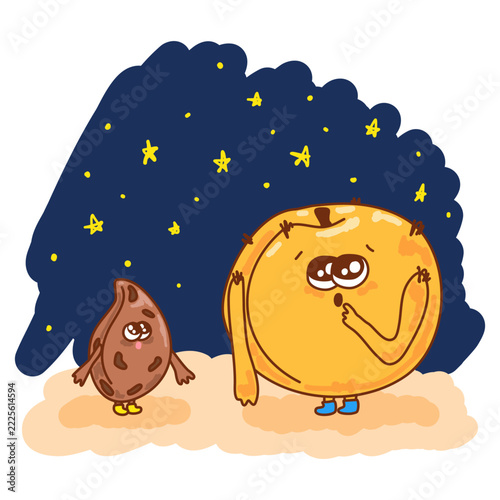 Cute kawaii peach and peach pit friends under a starry night sky, hand drawn cartoon illustration